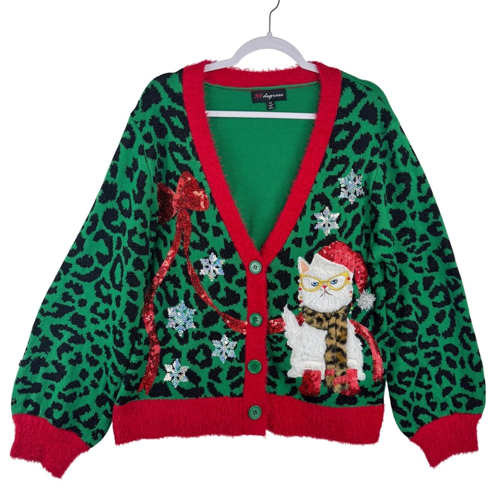 33 Degrees Womens XL Green Leopard Ugly Christmas Sweater Cardigan Sequin Cat